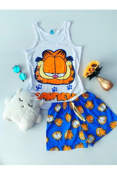 Pijama dama ieftina bumbac primavara vara cu maieu alb si pantaloni scurti albastri cu imprimeu Garfield