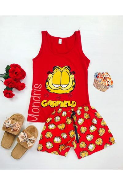 Pijama dama ieftina bumbac primavara vara cu maieu rosu si pantaloni scurti rosii cu imprimeu Garfield