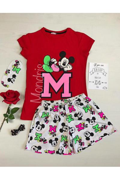 Pijama dama ieftina bumbac primavara vara cu tricou rosu si pantaloni scurti albi cu imprimeu Mickey Mouse