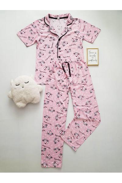 Pijama dama ieftina bumbac roz cu pantaloni lungi si tricou cu nasturi cu imprimeu Senfoni