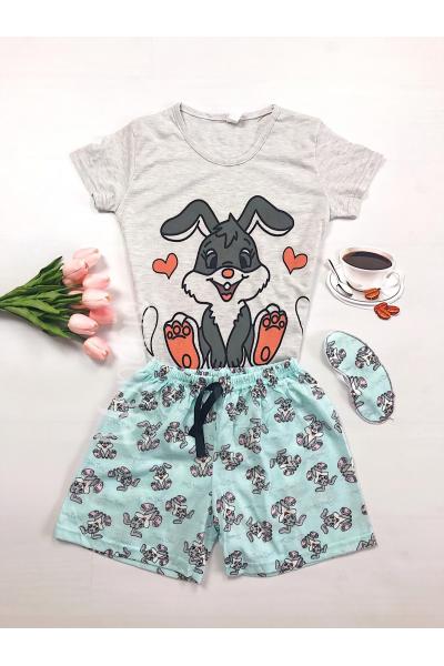 Pijama dama ieftina bumbac scurta cu pantaloni albastri si tricou gri cu imprimeu Love Bunny