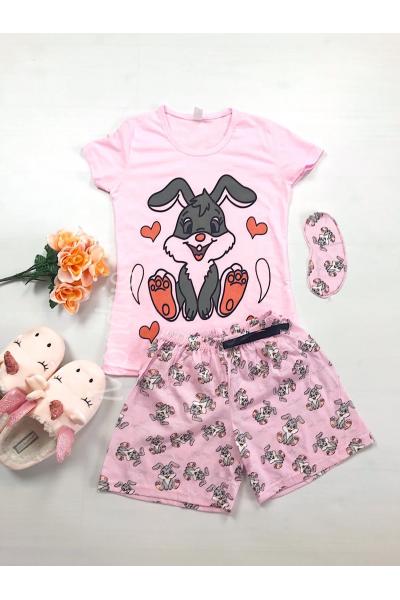 Pijama dama ieftina bumbac scurta cu pantaloni roz si tricou roz cu imprimeu Love Bunny