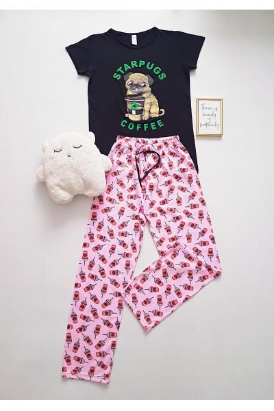 Pijama dama ieftina cu tricou negru si pantaloni lungi rosu cu imprimeu Starpugs