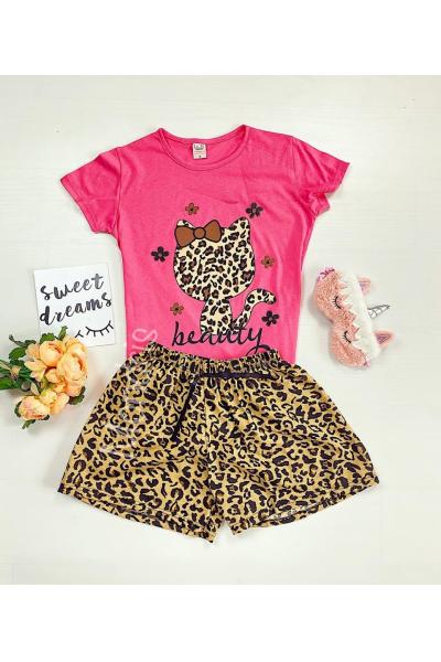 Pijama dama ieftina cu tricou roz inchis si pantaloni scurti cu imprimeu HK animal print