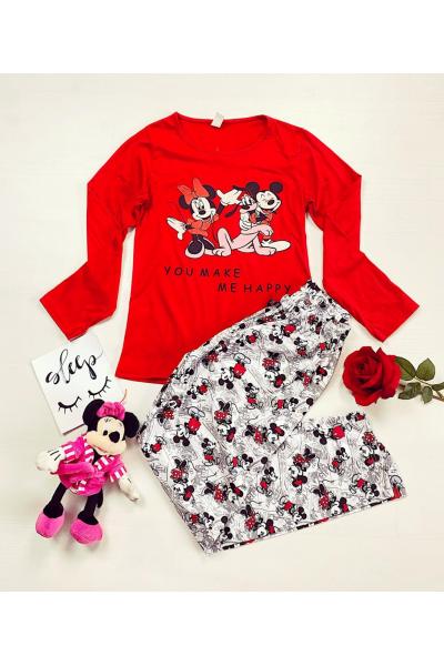 Pijama dama ieftina din bumbac cu bluza cu maneca lunga rosie si pantaloni albi cu imprimeu 3 personaje