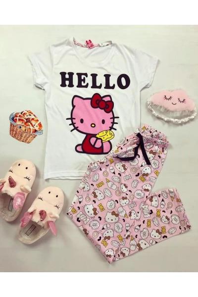 Pijama dama ieftina din bumbac cu tricou alb si pantaloni roz cu imprimeu Hello Kitty