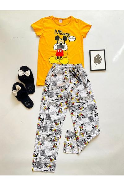 Pijama dama ieftina din bumbac cu tricou galben si pantaloni lungi cu imprimeu MK Smile