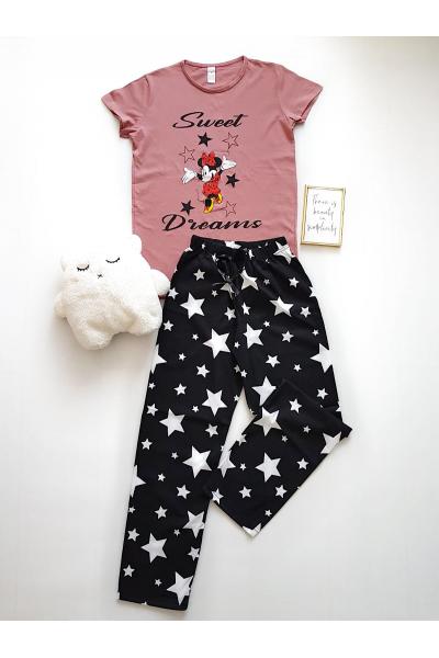 Pijama dama ieftina din bumbac cu tricou roz inchis si pantaloni lungi cu imprimeu MK Sweet Dreams