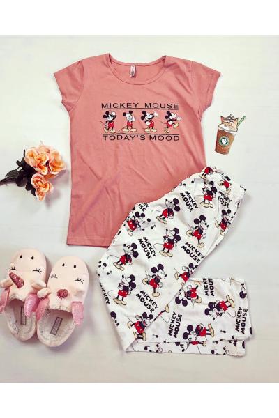 Pijama dama ieftina din bumbac cu tricou roz si pantaloni lungi albi cu imprimeu MK Mood
