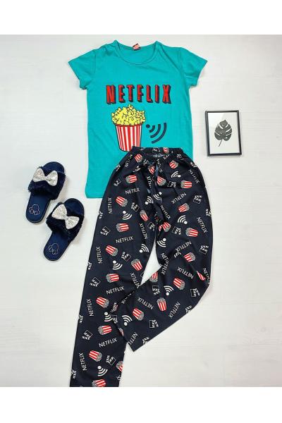 Pijama dama ieftina primavara-vara cu albastru si pantaloni lungi negri cu imprimeu NX Wifi