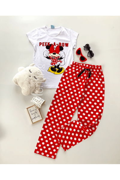 Pijama dama ieftina primavara-vara cu pantaloni lungi rosii si tricou alb cu imprimeu MM Peek a bow