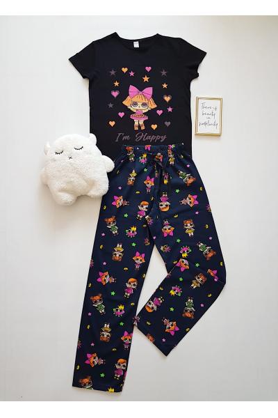 Pijama dama ieftina primavara-vara cu pantaloni lungi si tricou negru cu imprimeu Fetita Happy