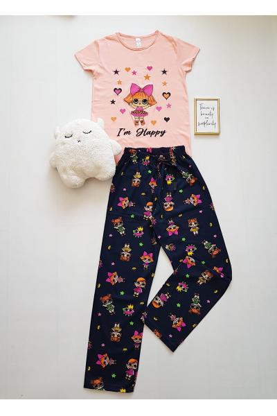 Pijama dama ieftina primavara-vara cu pantaloni lungi si tricou roz cu imprimeu Fetita Happy
