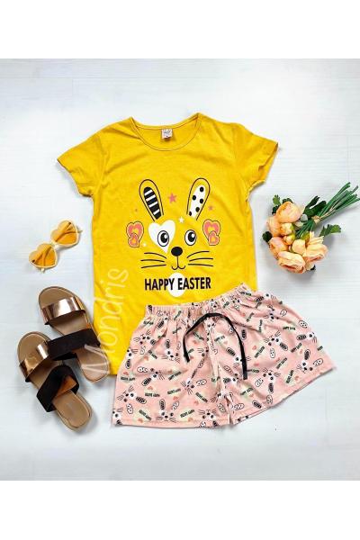 Pijama dama ieftina primavara-vara cu pantaloni scurti roz si tricou galben cu imprimeu Happy Easter