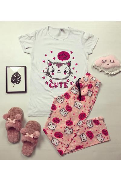 Pijama dama ieftina primavara-vara cu tricou alb si pantaloni roz cu imprimeu Pisicuta Cute