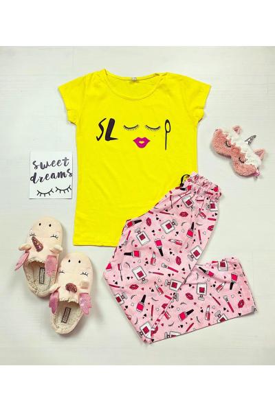Pijama dama ieftina primavara-vara cu tricou galben si pantaloni lungi roz cu imprimeu Sleep