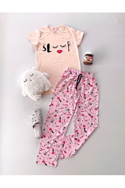 Pijama dama ieftina primavara-vara cu tricou roz si pantaloni lungi roz cu imprimeu Sleep