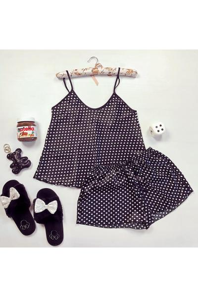 Pijama dama ieftina primavara-vara neagra din satin lucios cu imprimeu puncte