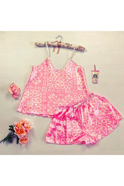 Pijama dama ieftina primavara-vara roz din satin lucios cu imprimeu floral