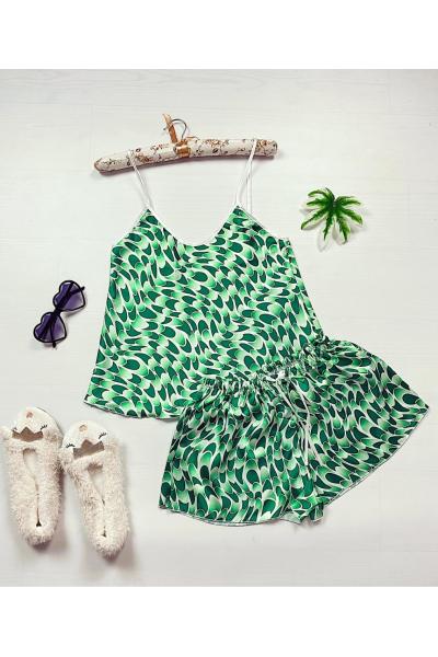 Pijama dama ieftina primavara-vara verde din satin lucios cu imprimeu mozaic
