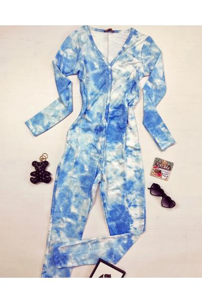 Pijama dama lunga tip salopeta albastra cu nasturi si imprimeu Paint