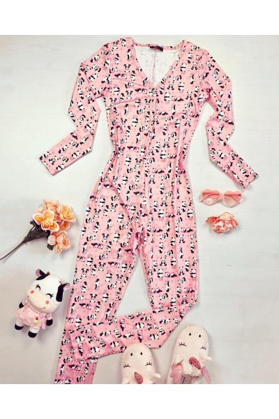 Pijama dama lunga tip salopeta roz cu nasturi si imprimeu Panda