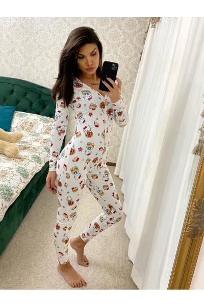 Pijama dama tip salopeta Hello Kitty Alb
