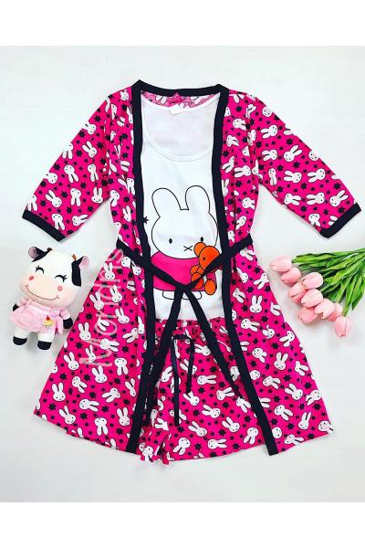 Set pijama dama 3 piese alcatuit din maieu + pantaloni scurti + halat roz cu imprimeu Bunny