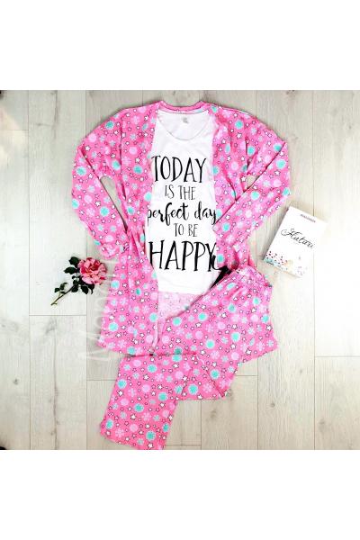 Set pijama dama 3 piese alcatuit din tricou + pantaloni lungi + halat roz cu imprimeu Perfect Day