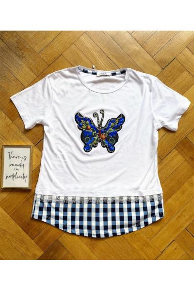 Tricou dama bumbac fin 100% alb cu albastru cu imprimeu fluture