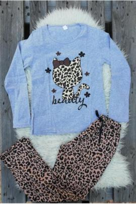 Pijama cu maneca lunga Kitty leopard gri