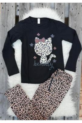 Pijama cu maneca lunga Kitty leopard negru
