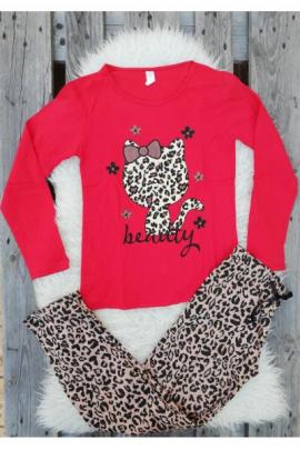 Pijama cu maneca lunga Kitty leopard rosu