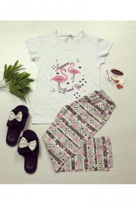 Pijama dama bumbac ieftina cu tricou alb si pantaloni colorati cu imprimeu Flamingo Fresh