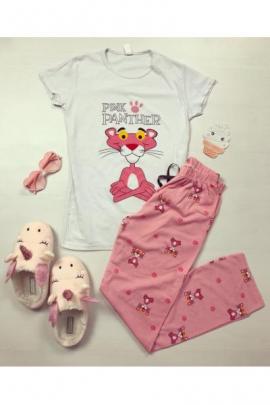Pijama dama bumbac ieftina cu tricou alb si pantaloni lungi roz cu imprimeu Pantera Roz