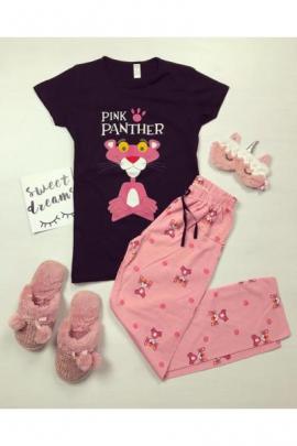 Pijama dama bumbac ieftina cu tricou negru si pantaloni lungi roz cu imprimeu Pantera Roz
