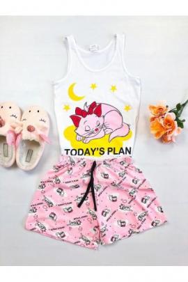 Pijama dama bumbac primavara-vara cu pantaloni scurti roz si maieu alb cu imprimeu Today's plan