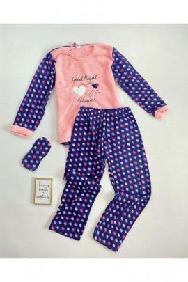 Pijama dama cu buline bleumarin cu roz extrem de pufoasa si calduroasa cu imprimeu Good Night
