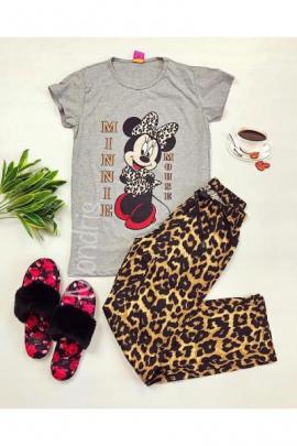 Pijama dama din bumbac ieftina cu tricou gri si pantaloni maro cu imprimeu Minnie Animal Print
