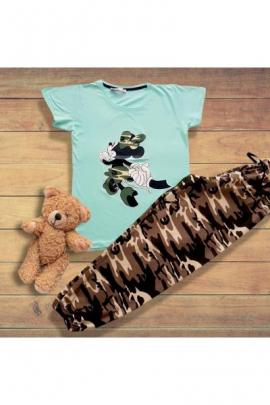 Pijama dama din bumbac ieftina cu tricou turcoaz si pantaloni maro cu imprimeu MK Run Animal Print