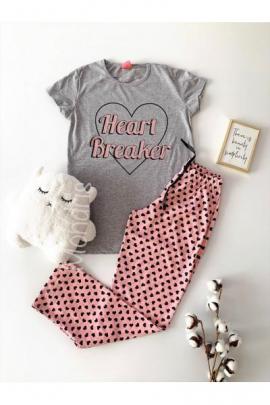 Pijama dama din bumbac ieftina lunga cu pantaloni lungi roz si tricou gri cu imprimeu Heart Breaker