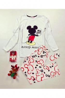 Pijama dama ieftina bumbac cu pantaloni lungi albi si bluza alba cu maneca lunga cu imprimeu Mickey Selfie
