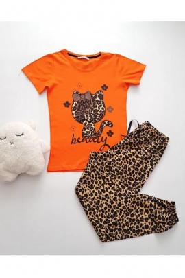 Pijama dama ieftina bumbac cu pantaloni lungi maro animal print si tricou portocaliu cu imprimeu HK