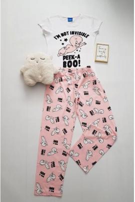 Pijama dama ieftina bumbac cu pantaloni lungi roz si tricou alb cu imprimeu CP