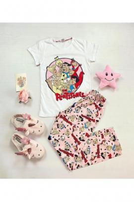 Pijama dama ieftina bumbac cu pantaloni lungi roz si tricou alb cu imprimeu FS Family