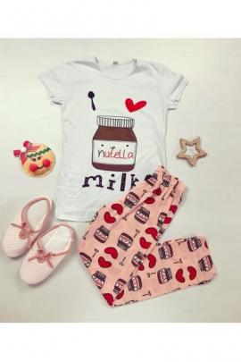 Pijama dama ieftina bumbac cu pantaloni lungi roz si tricou alb cu imprimeu Nutella