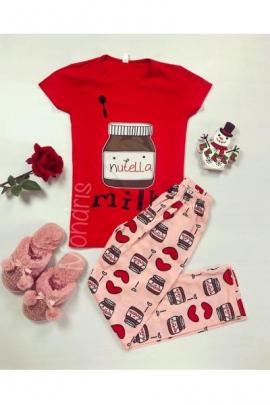 Pijama dama ieftina bumbac cu pantaloni lungi roz si tricou rosu cu imprimeu Nutella