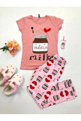 Pijama dama ieftina bumbac cu pantaloni lungi roz si tricou roz cu imprimeu NT