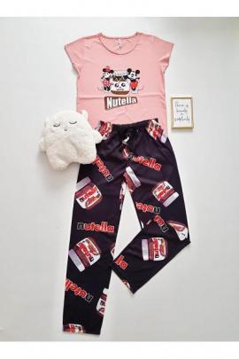 Pijama dama ieftina bumbac cu pantaloni lungi si tricou roz cu imprimeu NTL Cuplu