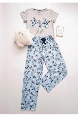 Pijama dama ieftina bumbac cu tricou gri si pantaloni lungi albastri cu imprimeu OLAF